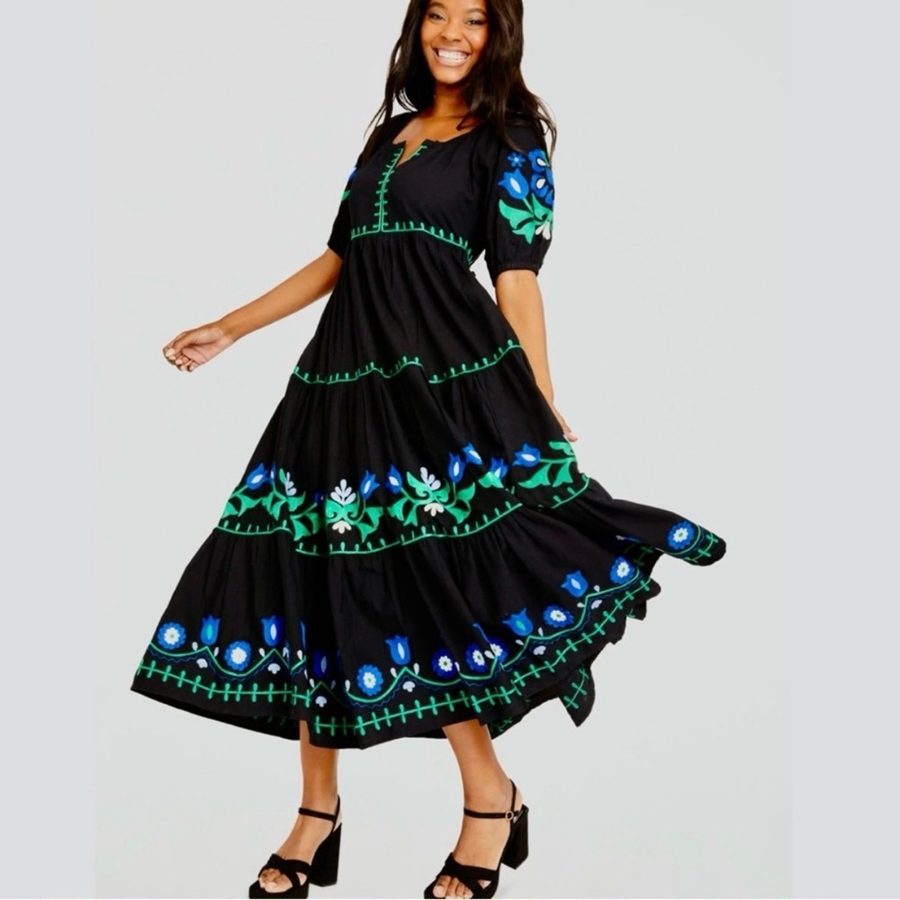 Roller Rabbit Lavandou Zara Floral Embroidered Black Maxi Dress